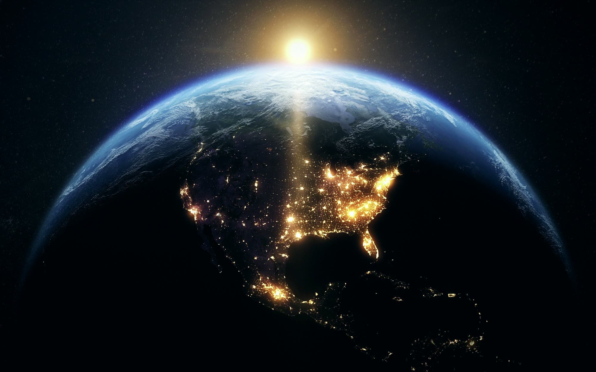 Earth seen from space, with North American night lights clearly visible