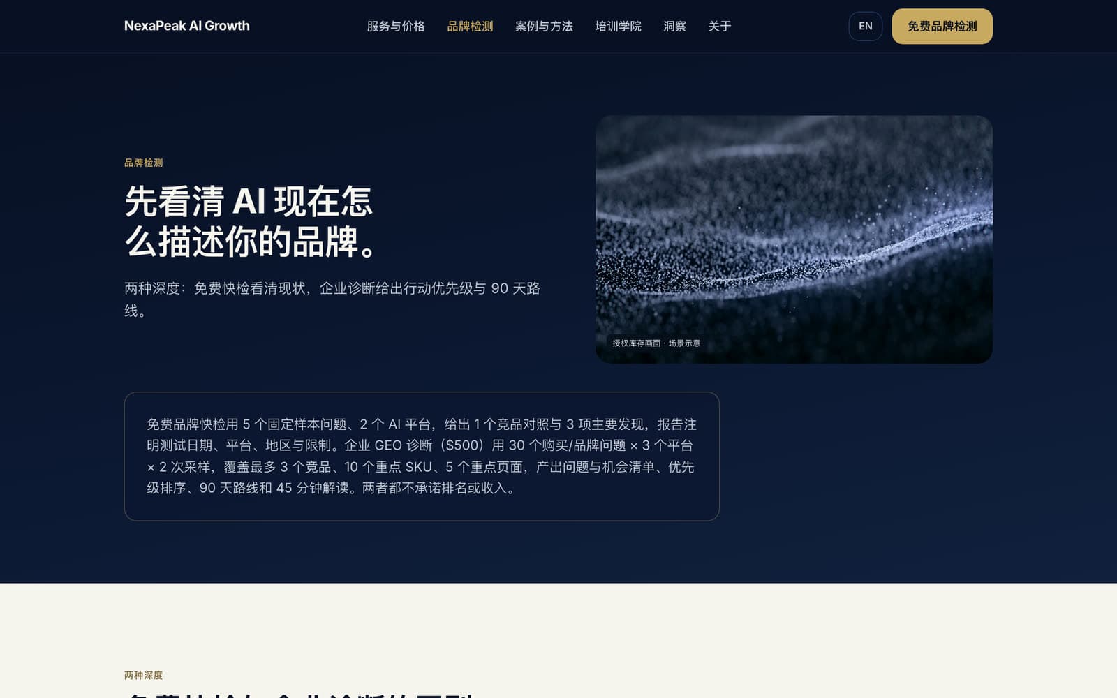 NexaPeak 品牌检测页候选版:免费快检与付费诊断的范围、交付与受理条件