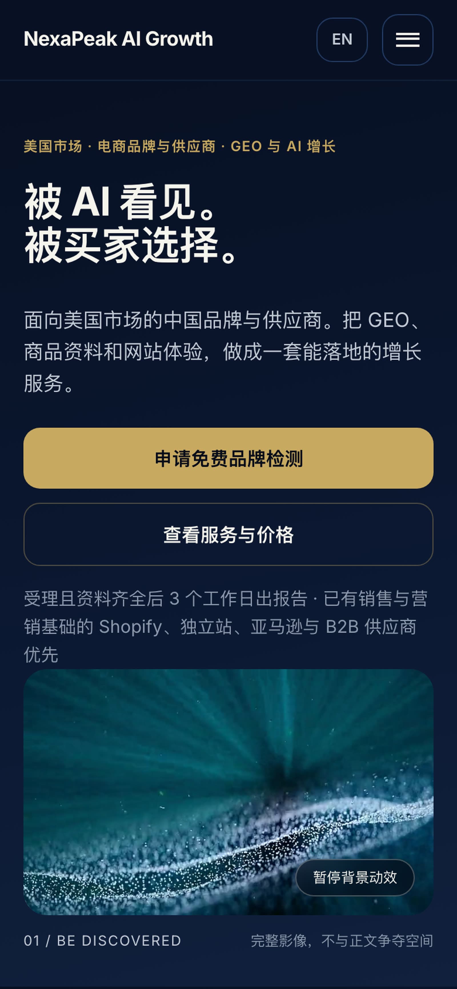 NexaPeak 官网候选版手机页面:标题、说明、主按钮,然后才是影像