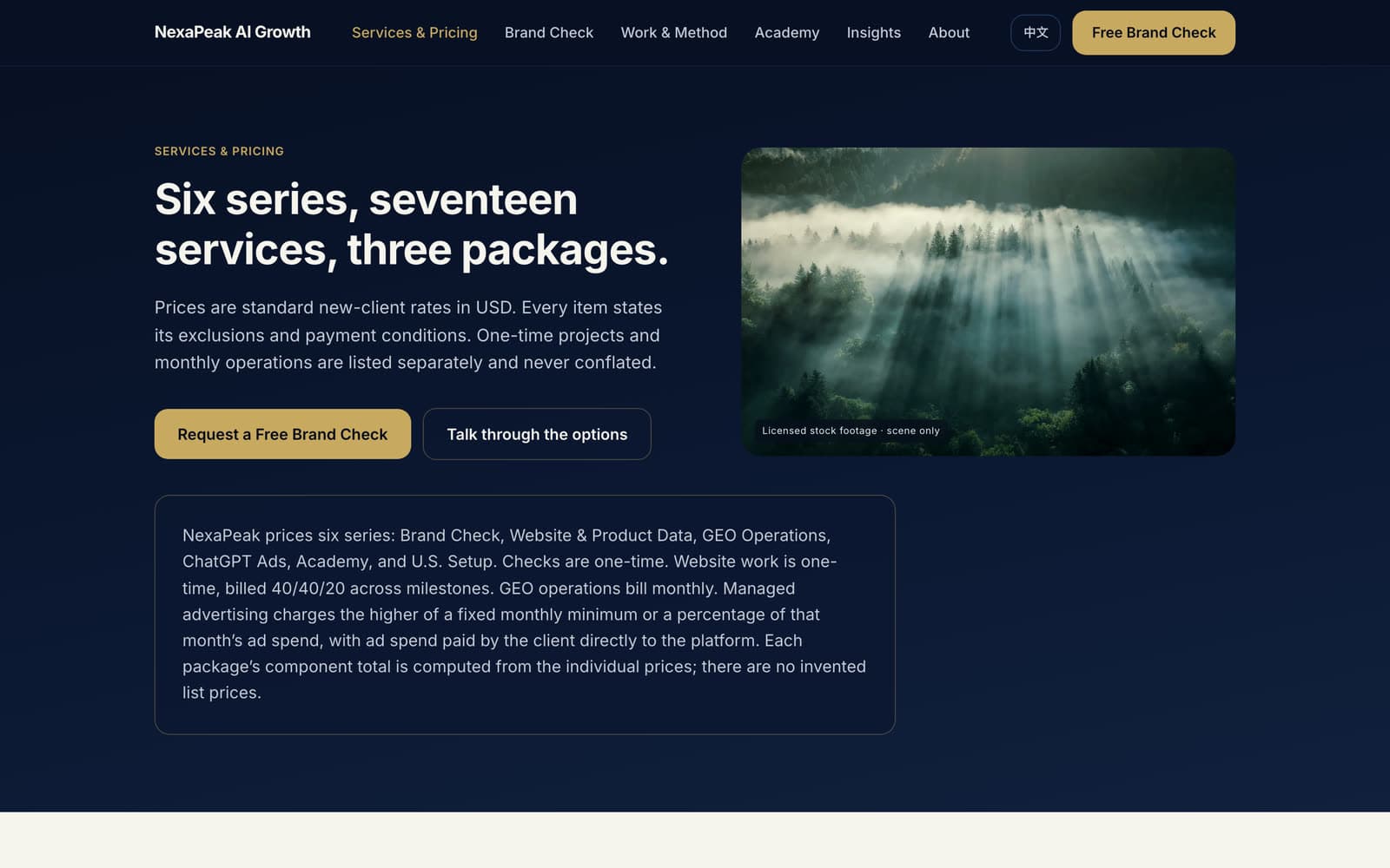 NexaPeak services and pricing page, candidate build: service groups, starting prices and key conditions on one screen