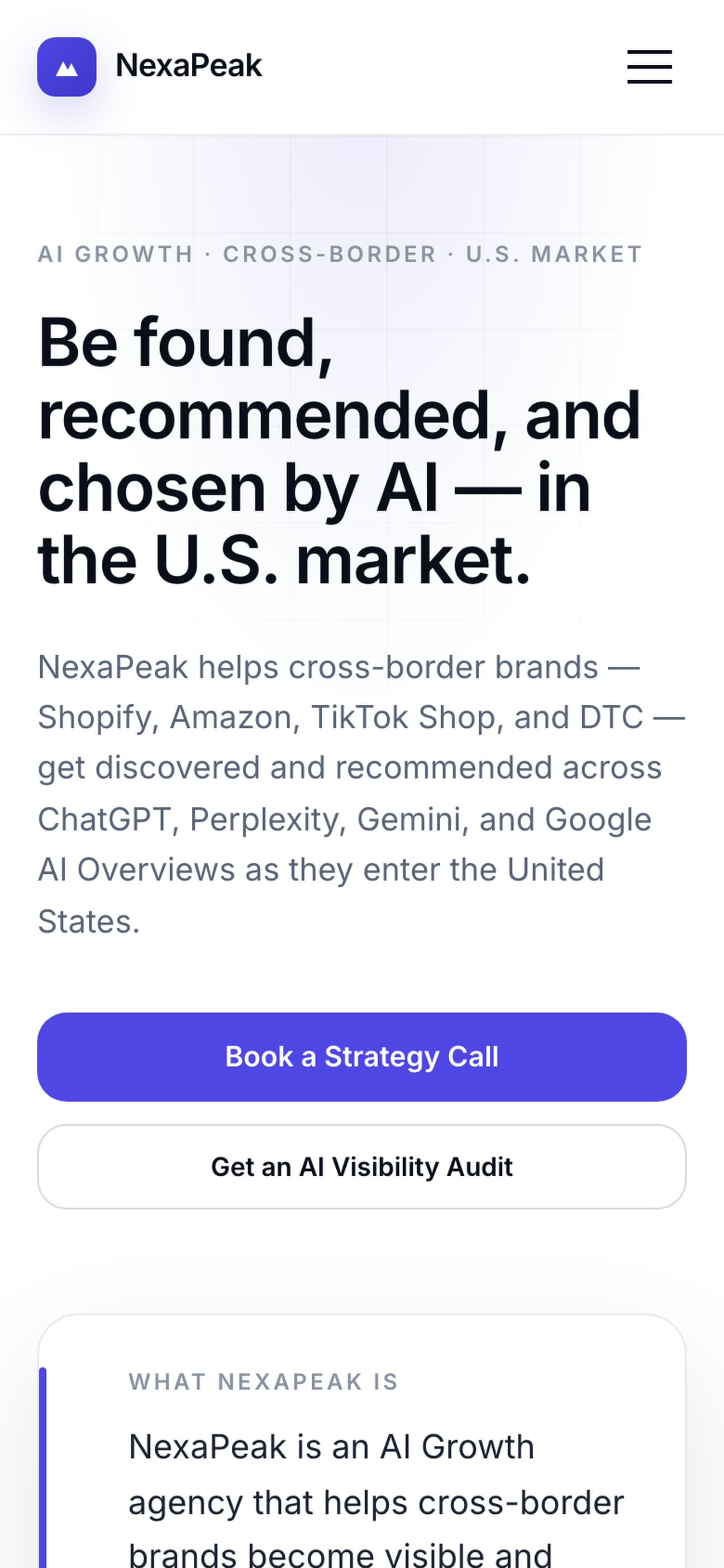 The previous live NexaPeak site on mobile